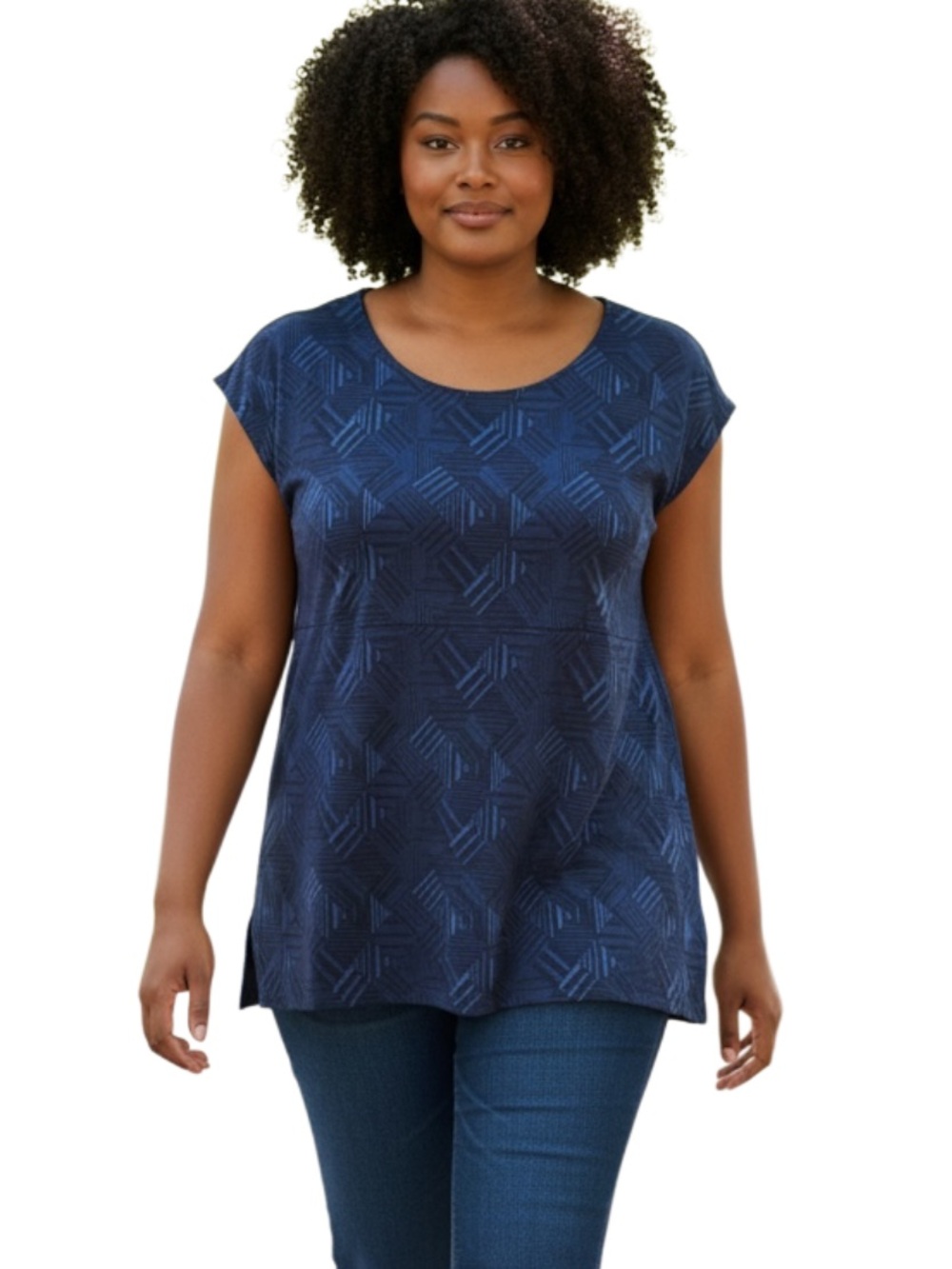 Roz & Ali Navy Geometric Scoop Neck Short Sleeve Top